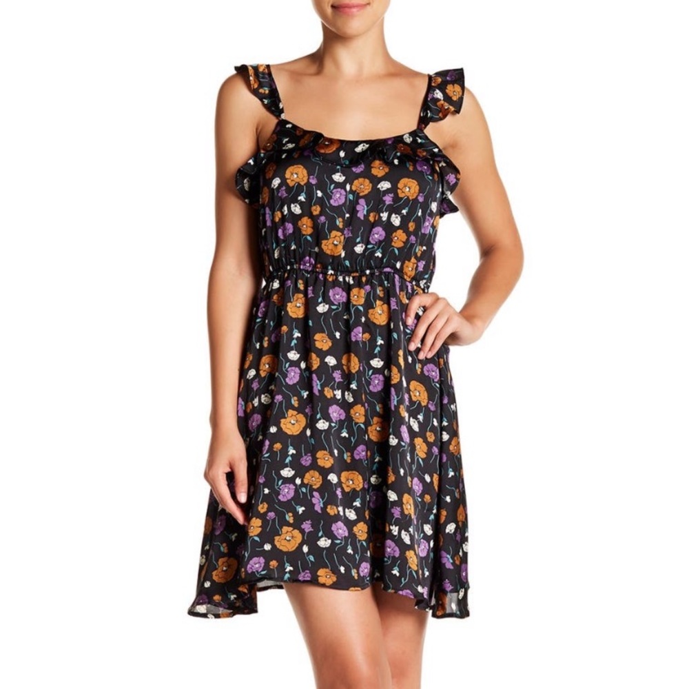 J.O.A. Floral Satin Mini Dress in Black Multi